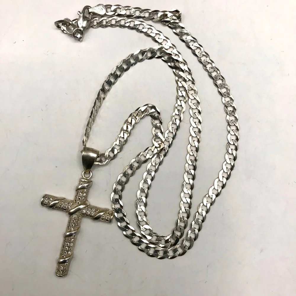 Silver Cuban Chain Necklace with Pave Cross Pendant 925 Sterling Silver 20”